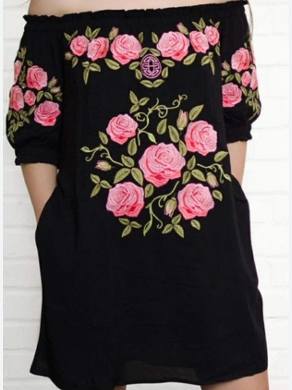 Black Mini Dress with Pink Rose Embroidery - Women's Off-Shoulder